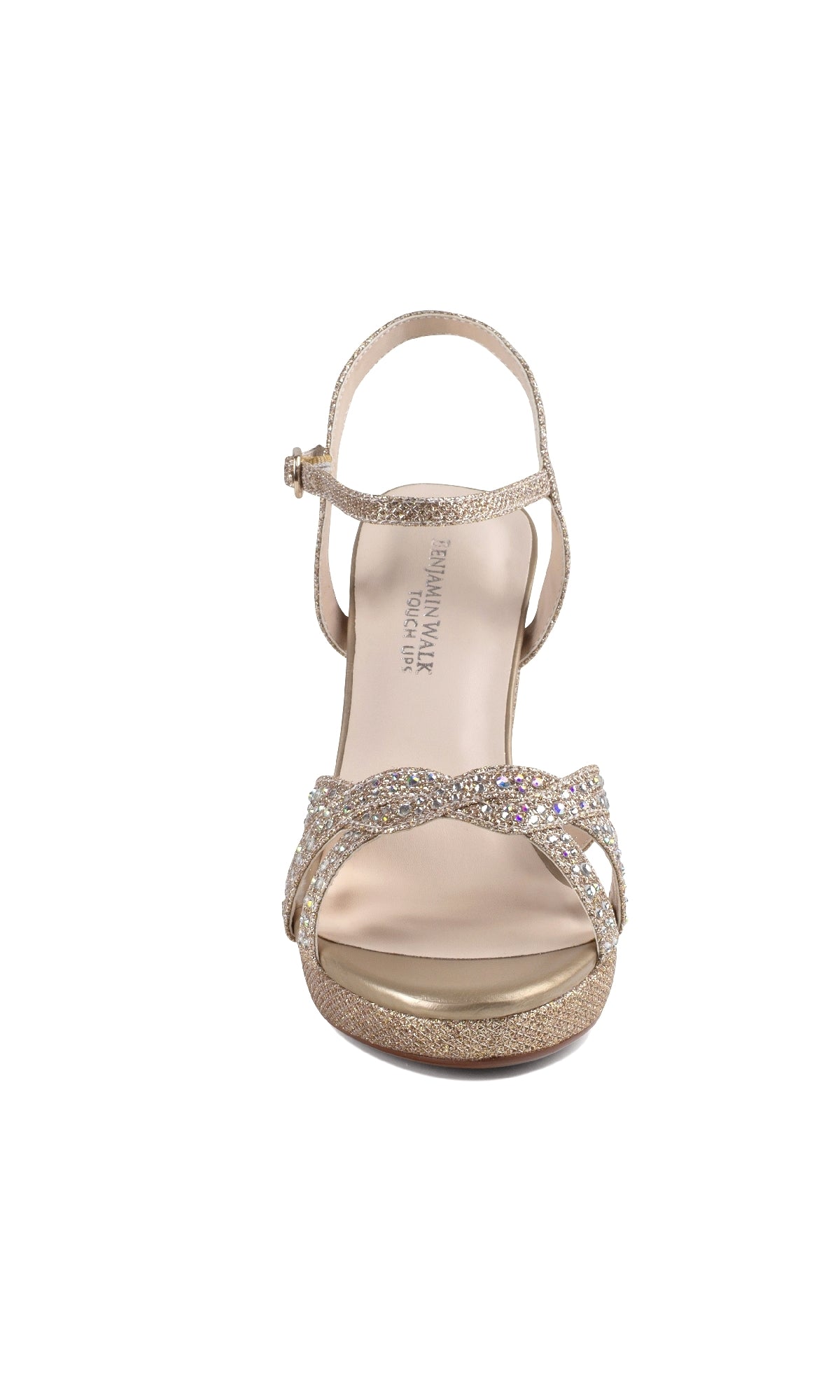 Front view of Ava Champagne Glitter Prom Shoes by Touch Ups (4634)—a gold, glittery open-toe sandal with jeweled and ankle straps, plus a low heel—displayed against a white background.
